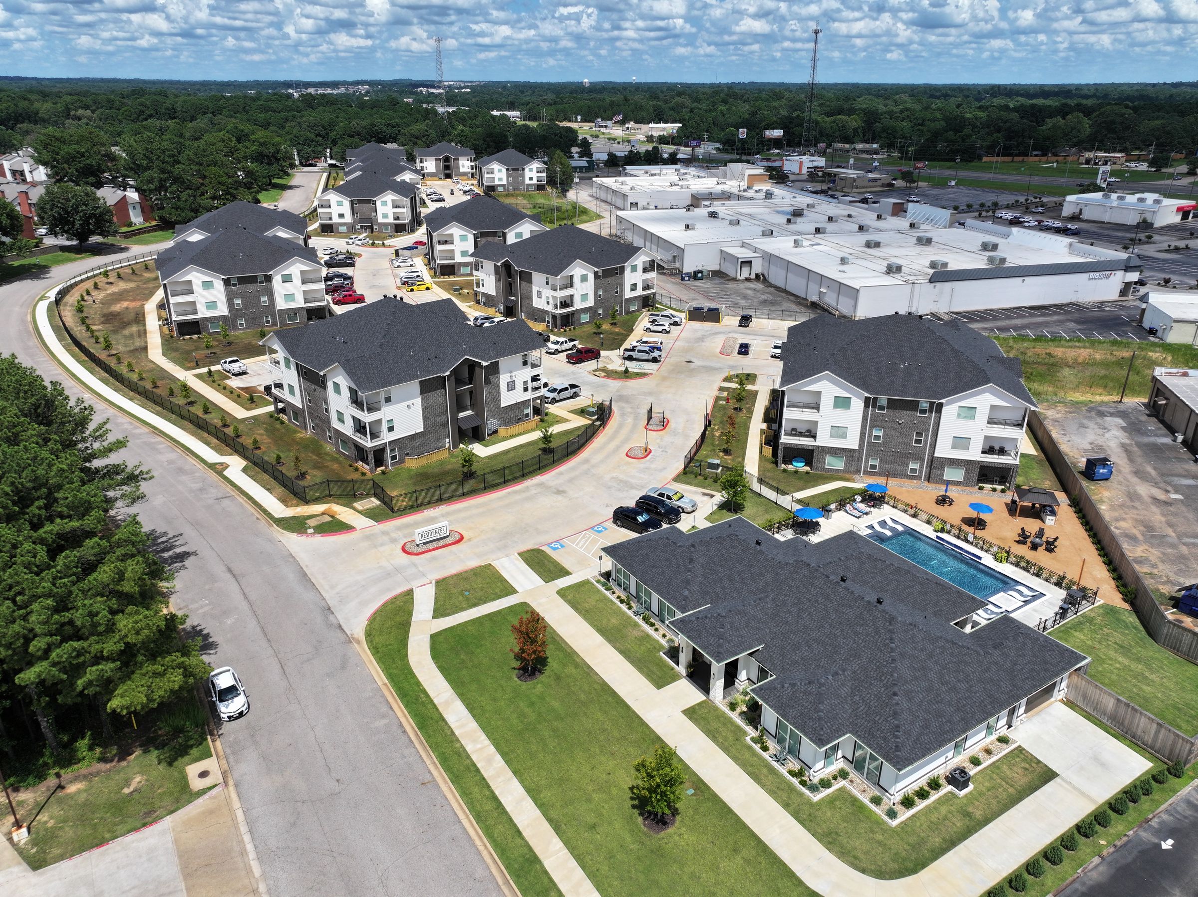 Aerial view of a completed garden-style apartment community in Longview, Texas